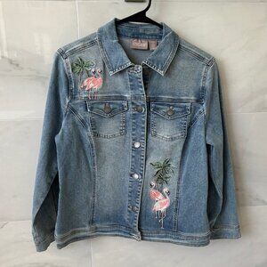 Chico’s Flamingo Embroidered Denim Jacket - Size 0